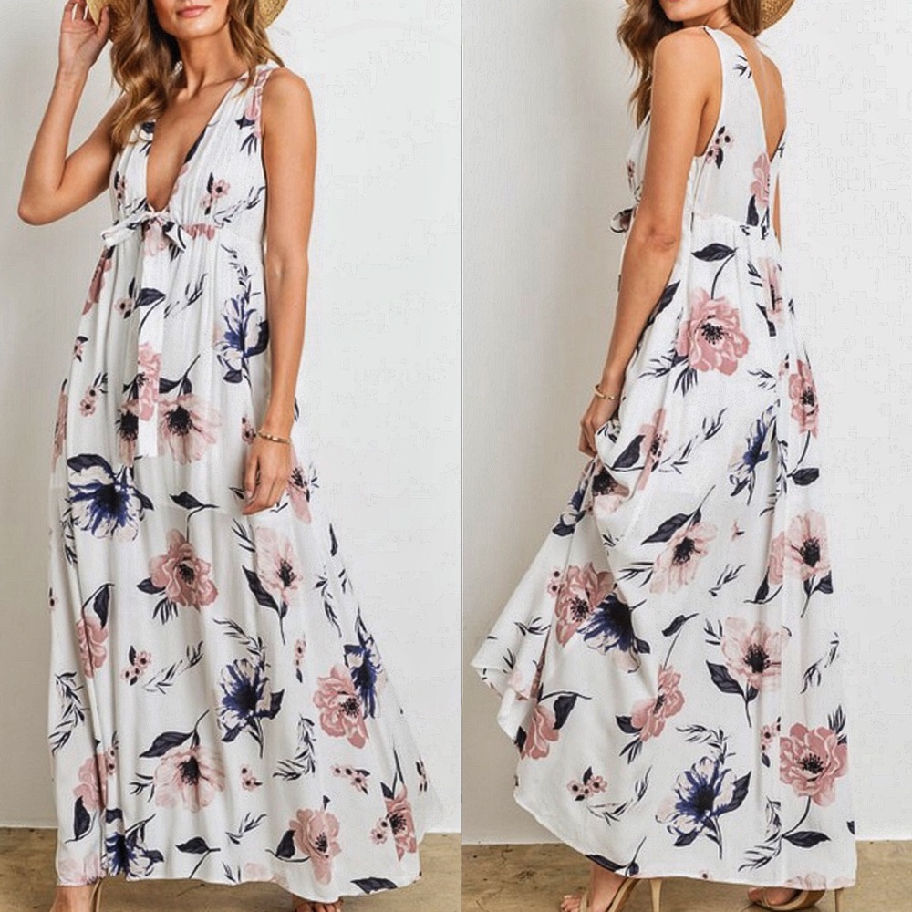 Tie Front Floral Maxi Dress White - Picture 4 of 8